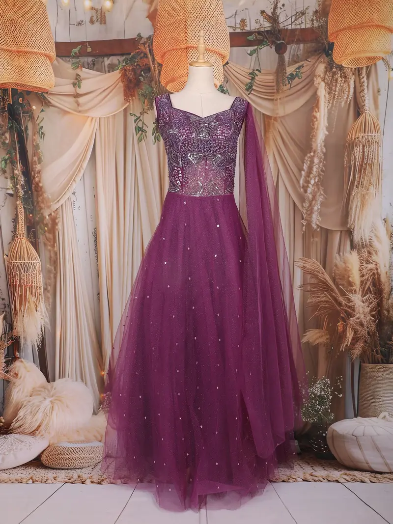 Wine Sequins And Beads Embroidered Design Net Gown 1