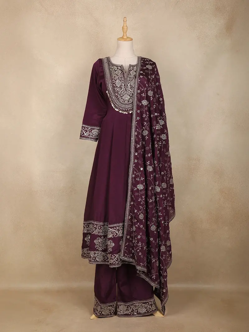 Wine Sequins And Thread Embroidered Georgette Palazzo Suit With Dupatta 1
