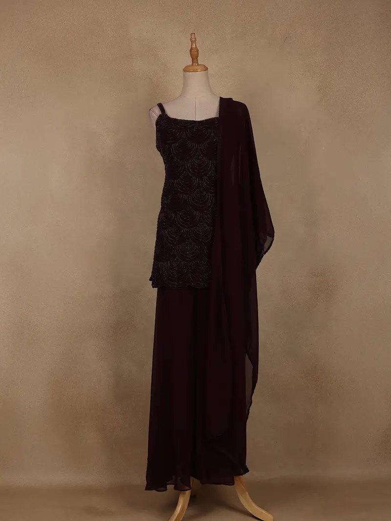 Wine Sequins Design Georgette Palazzo Suit With Dupatta 1