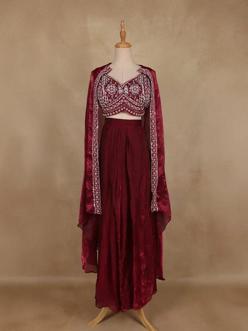 Wine Sequins Design Space Silk Skirt Top With Dupatta 1