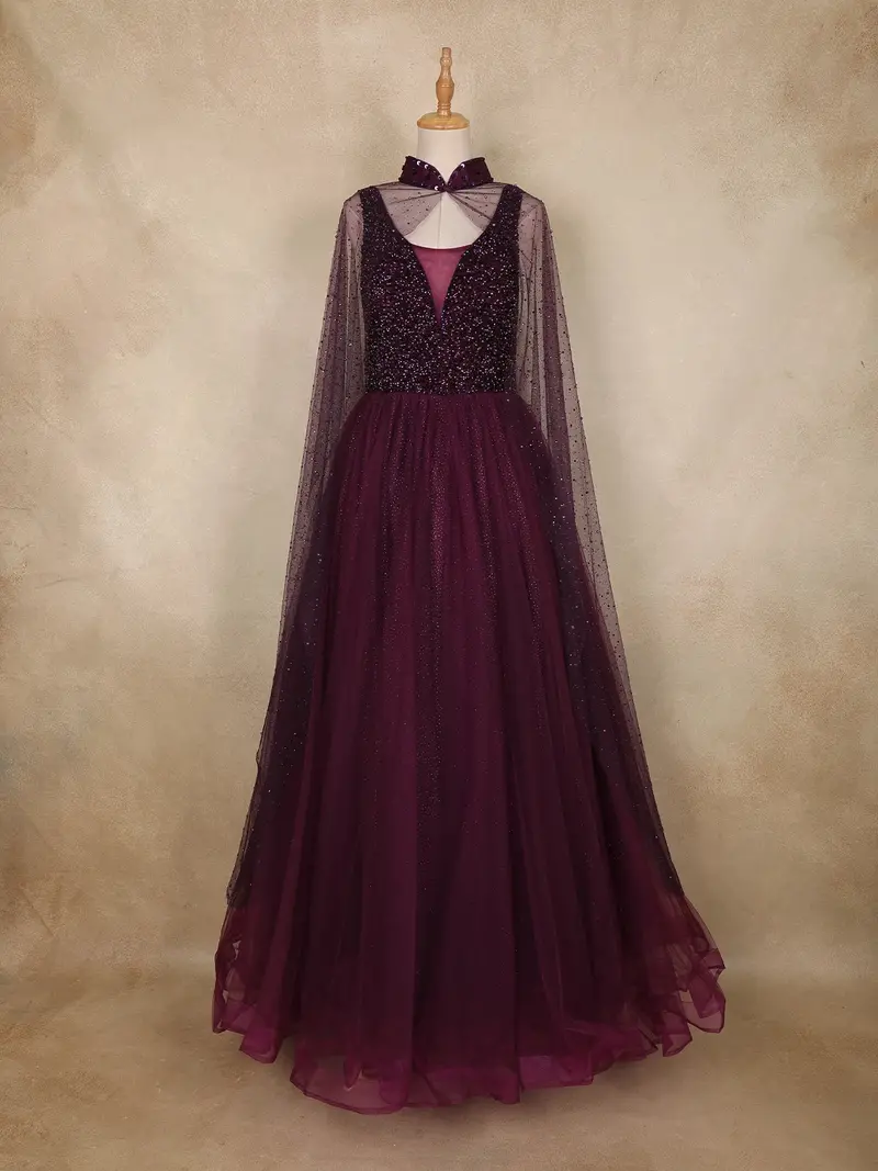 Wine Sequins Designed Net Gown With Pearl Cape Sleeves 1