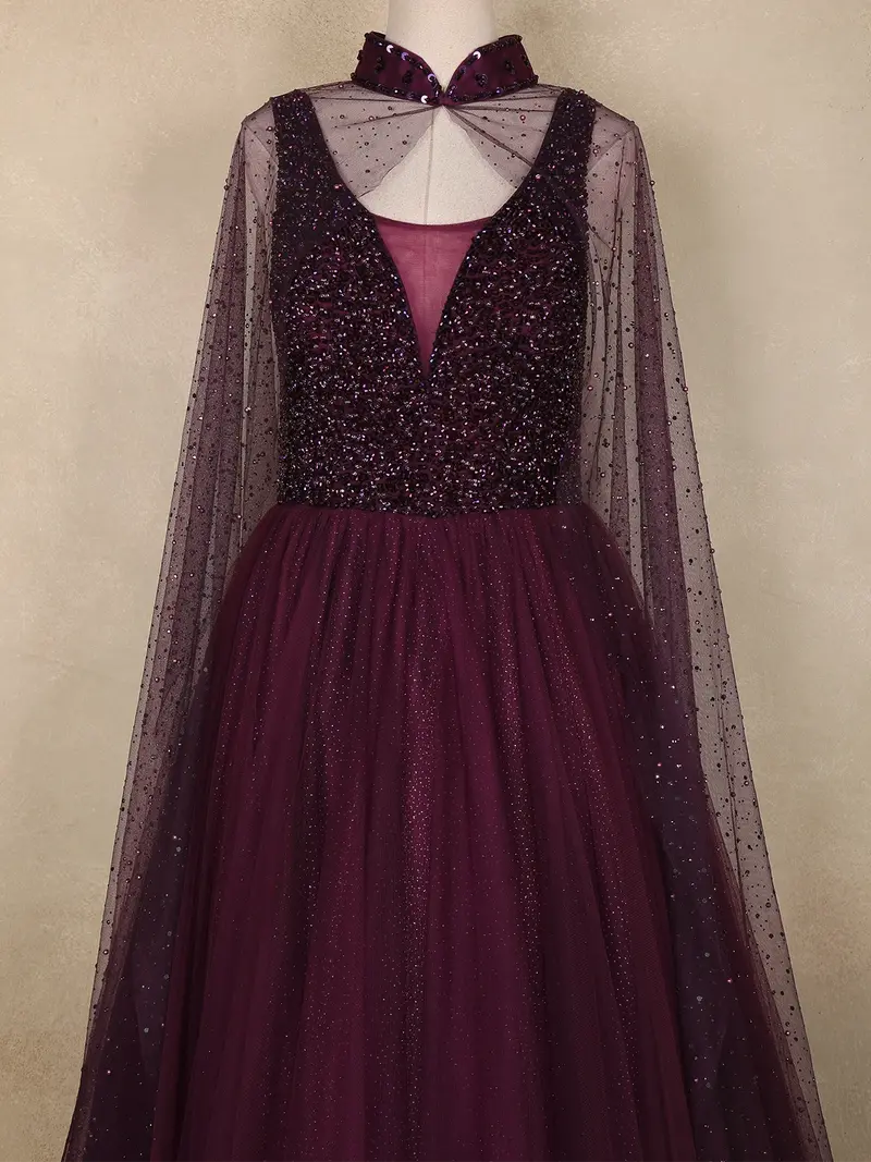 Wine Sequins Designed Net Gown With Pearl Cape Sleeves 2