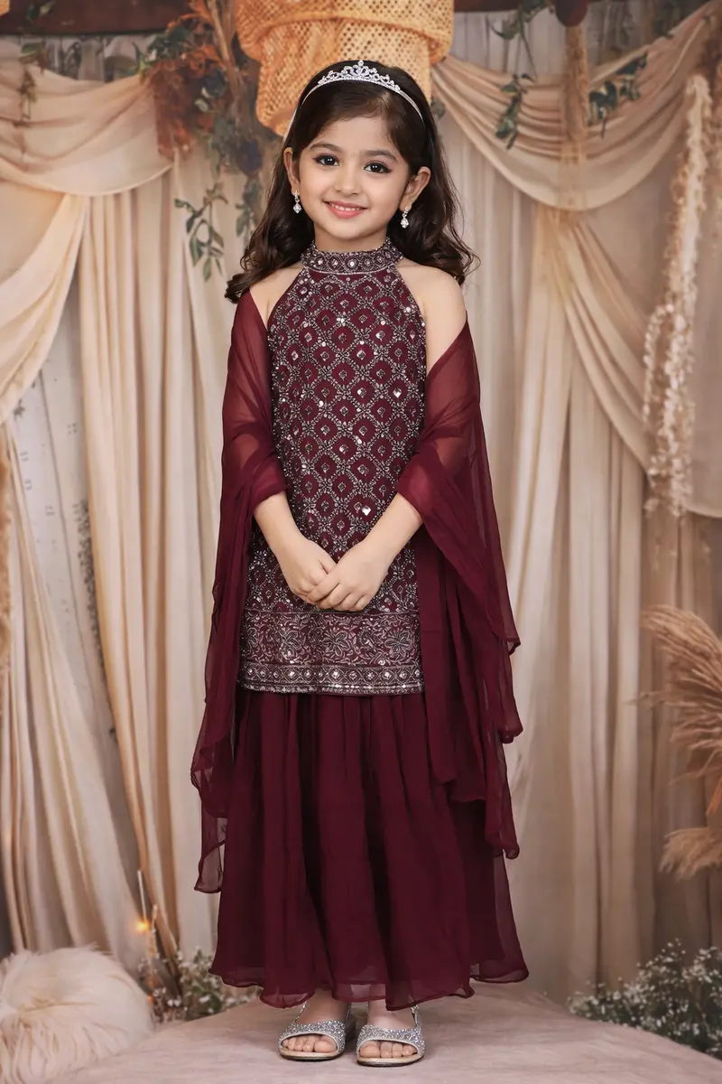 Wine Sequins Embroidered Design Georgette Kids Palazzo Suit With Dupatta 1
