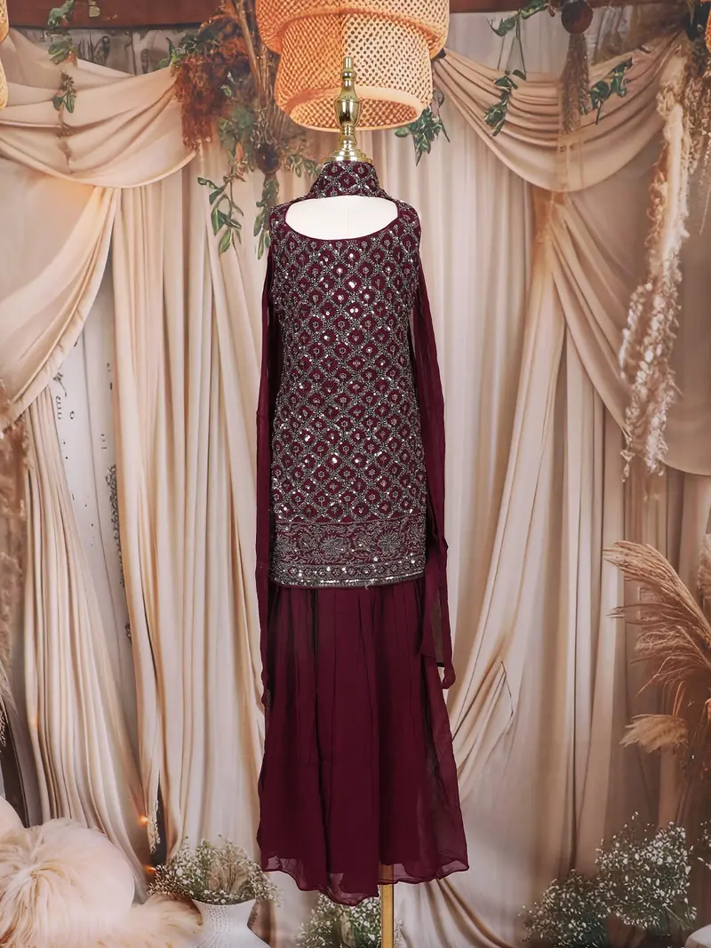 Wine Sequins Embroidered Design Georgette Kids Palazzo Suit With Dupatta 2