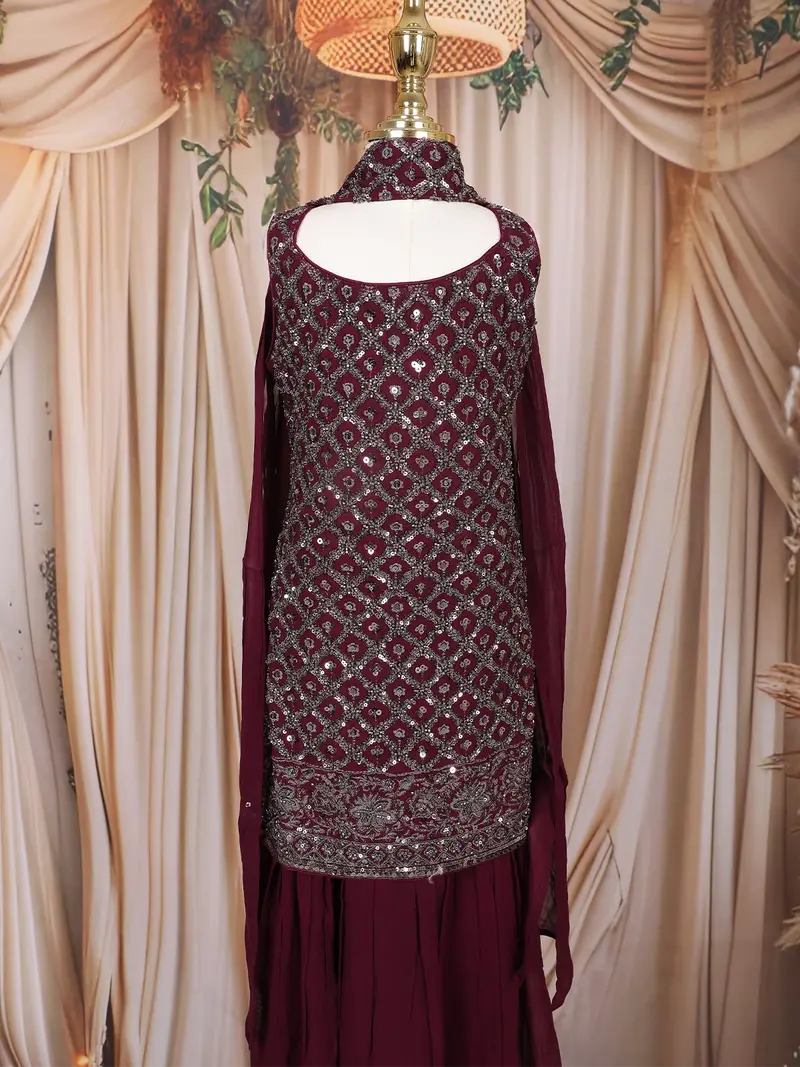 Wine Sequins Embroidered Design Georgette Kids Palazzo Suit With Dupatta 3