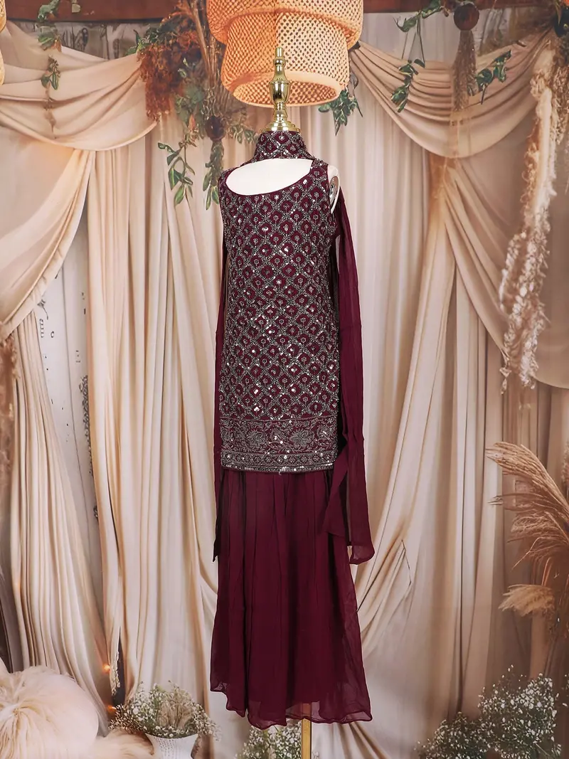Wine Sequins Embroidered Design Georgette Kids Palazzo Suit With Dupatta 4