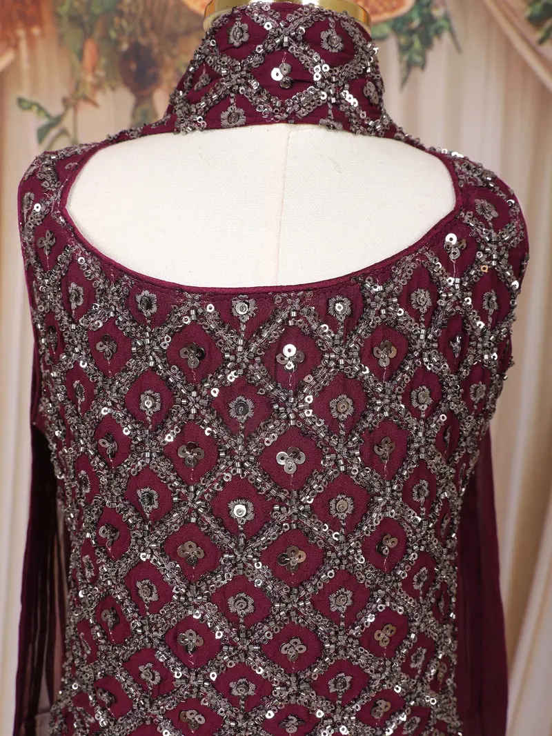 Wine Sequins Embroidered Design Georgette Kids Palazzo Suit With Dupatta 5