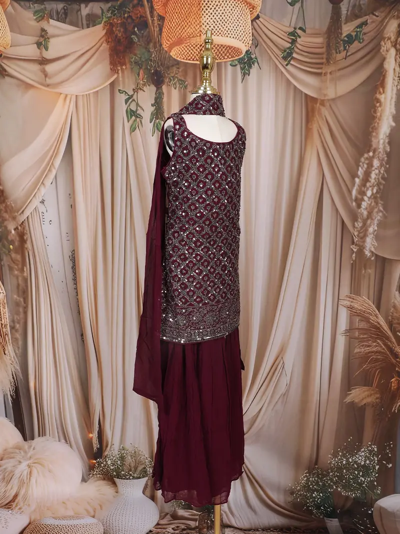 Wine Sequins Embroidered Design Georgette Kids Palazzo Suit With Dupatta 6