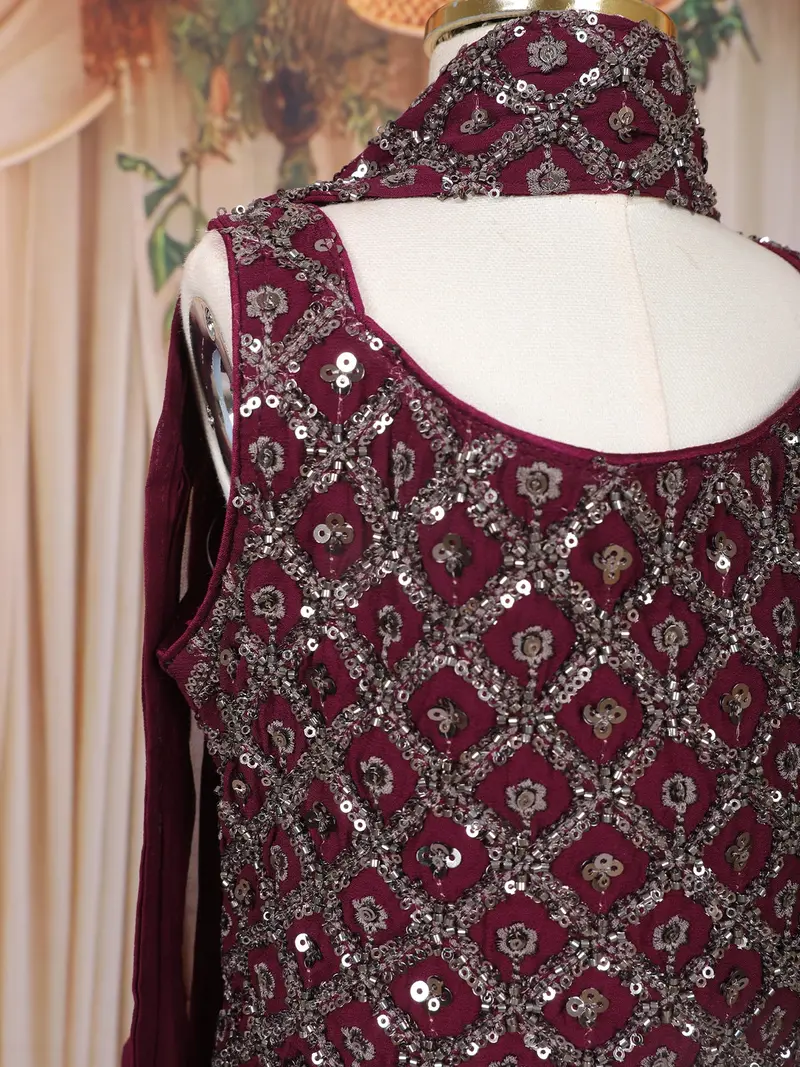 Wine Sequins Embroidered Design Georgette Kids Palazzo Suit With Dupatta 7