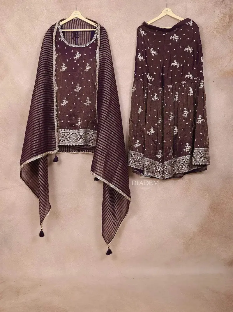 Wine Sharara Salwar Suit For Girls Adorned With Sequins And Beads Floral Design With Dupatta 1