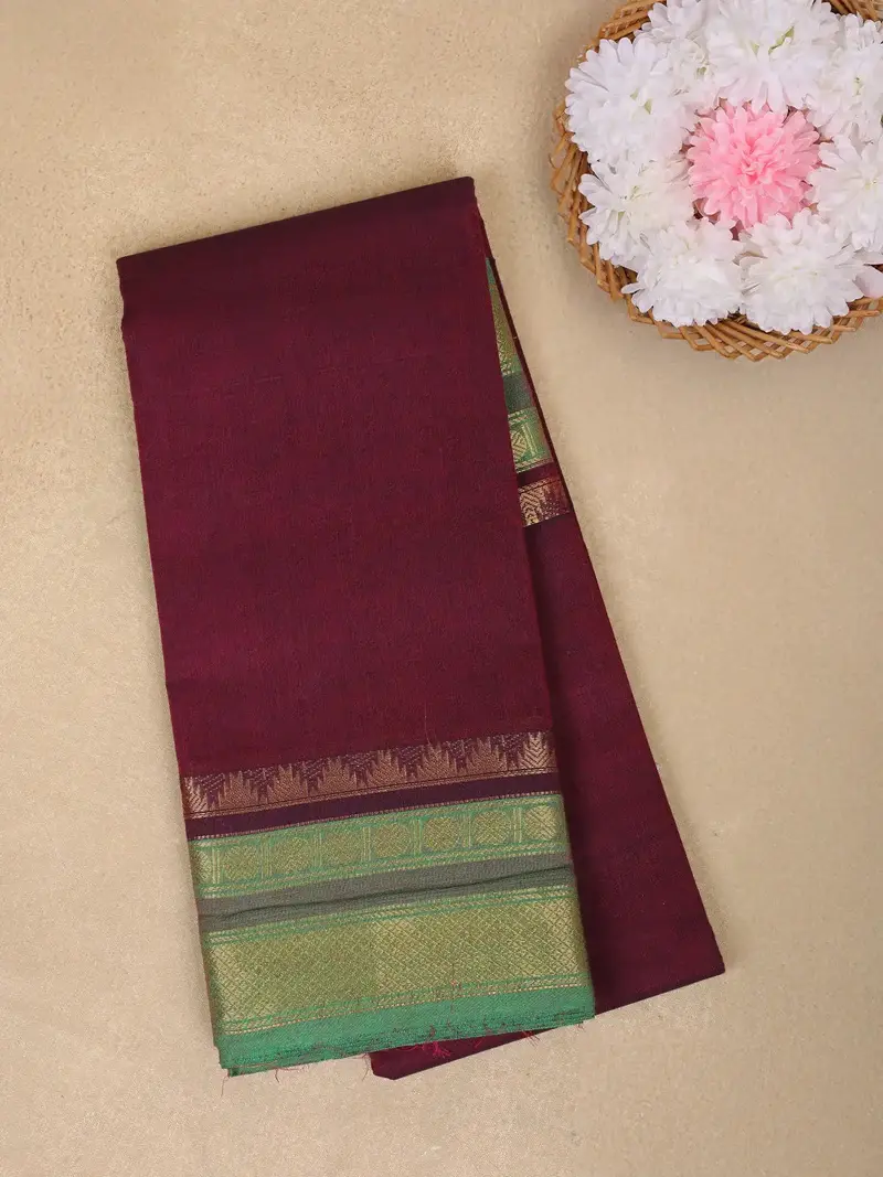 Wine Solid Design Cotton Saree With Contrast Green Zari Border 1