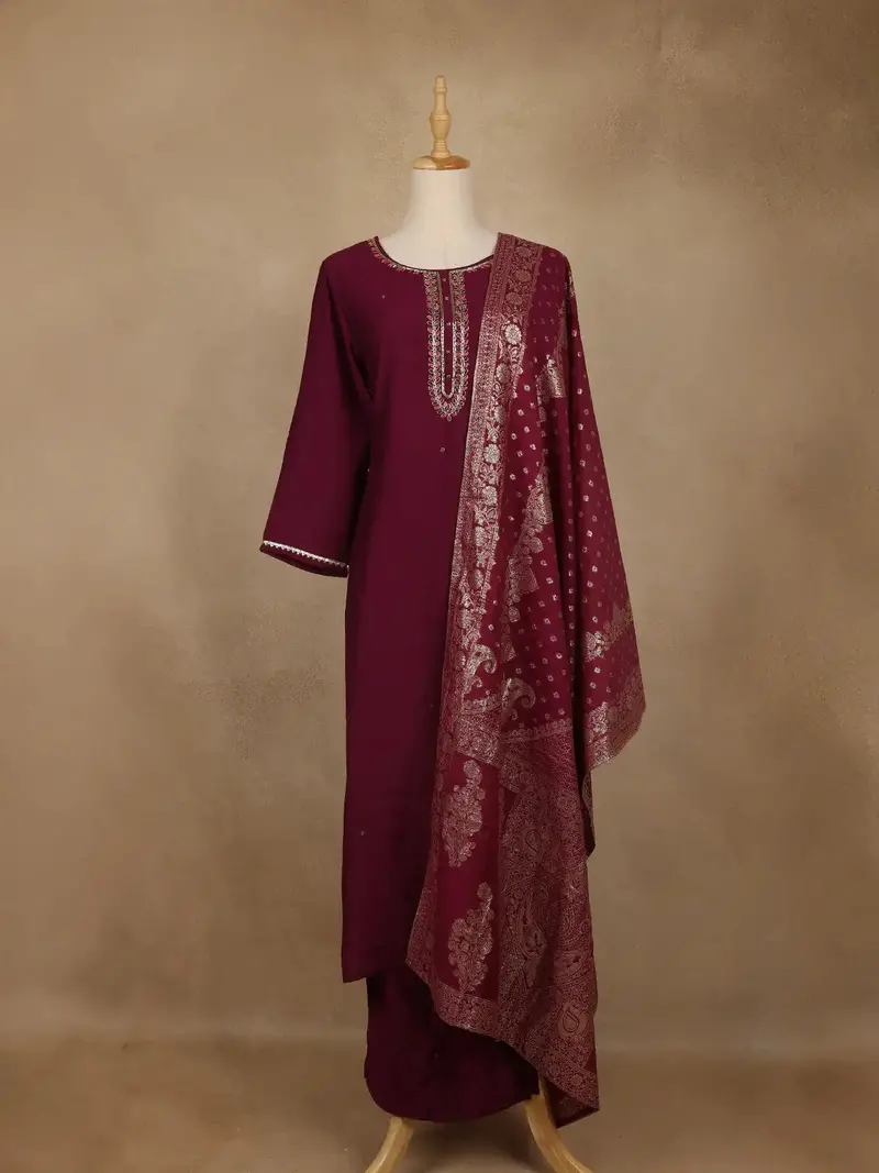 Wine Solid Design Salwar Suit With Banarasi Dupatta 1