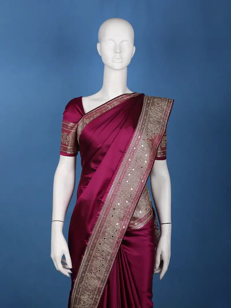 Wine Solid Design Satin Saree With Mirror Work & Heavy Zari Embroidered Border 1