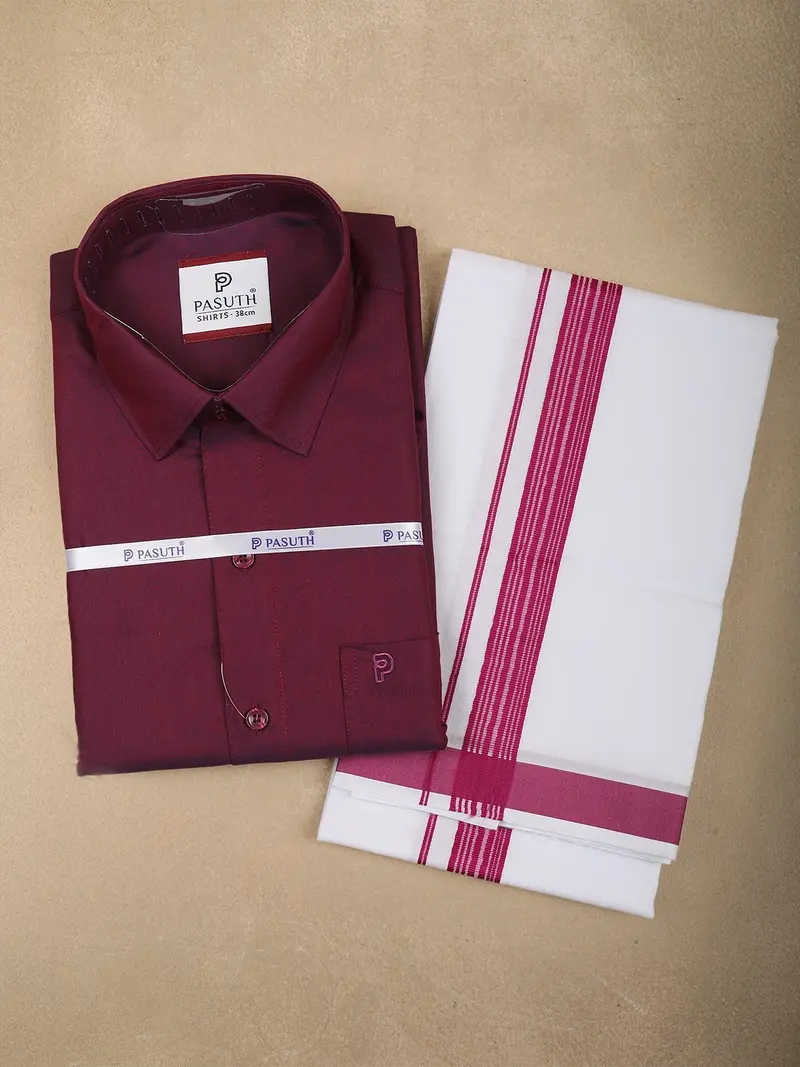 Wine Solid Shirt With White Dhoti Featuring Wine Woven Border 1