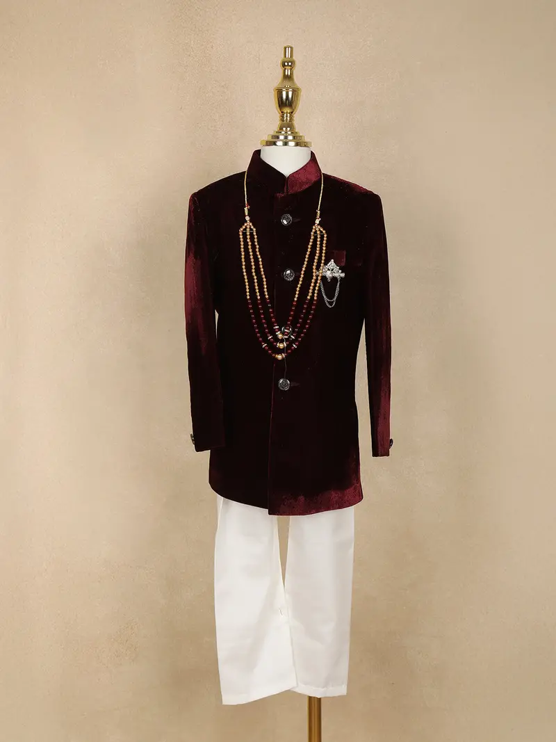 Wine Solid Velvet Kids Sherwani Set With White Pants 1