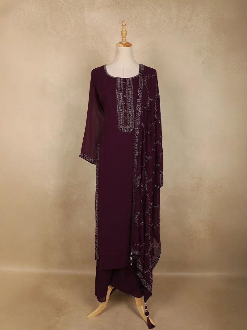Wine Stone Embellished Chiffon Salwar Suit With Dupatta 1