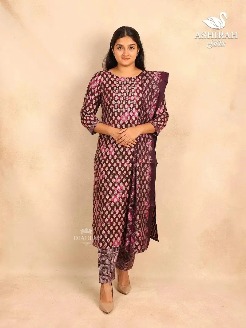 Wine Straight Cut Cotton Salwar Suit With Floral Prints And Paired With Dupatta 1