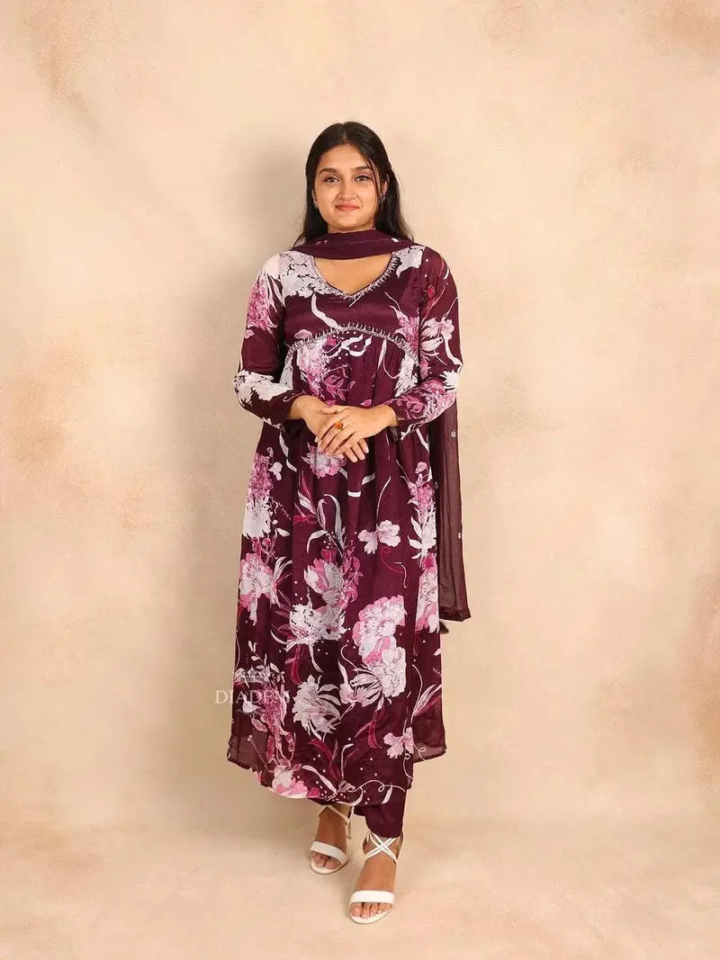 Wine Straight Cut Salwar Suit In Crepe With Floral Prints And Beads Paired With Dupatta 1
