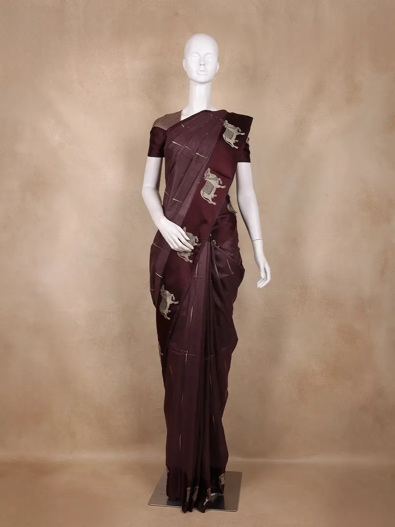 Wine Striped Design Woven Semi Tussar Saree 1