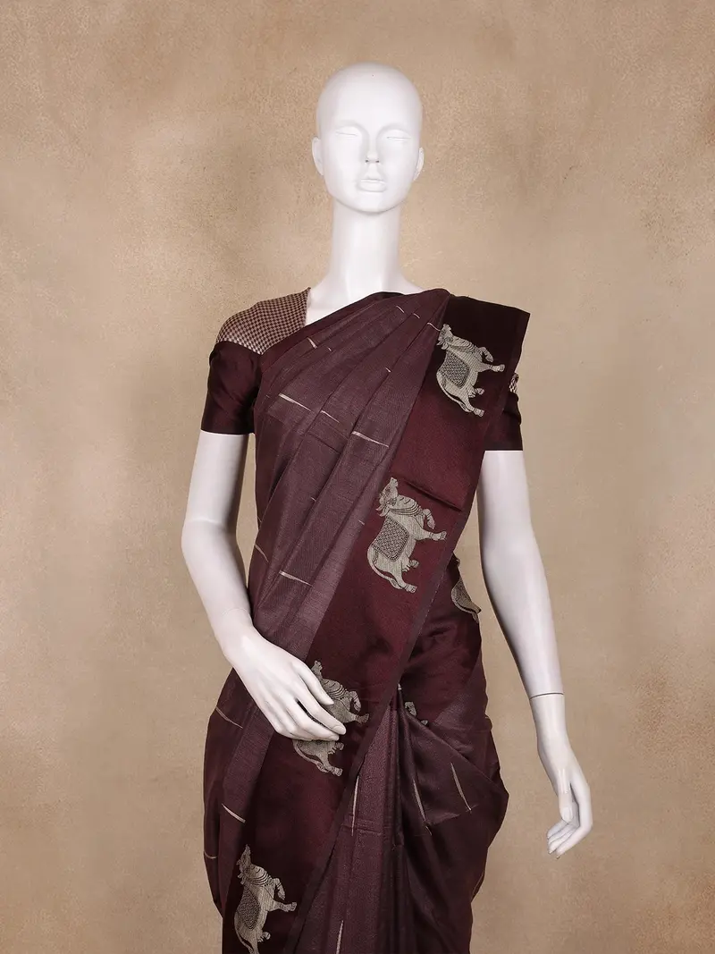 Wine Striped Design Woven Semi Tussar Saree 2