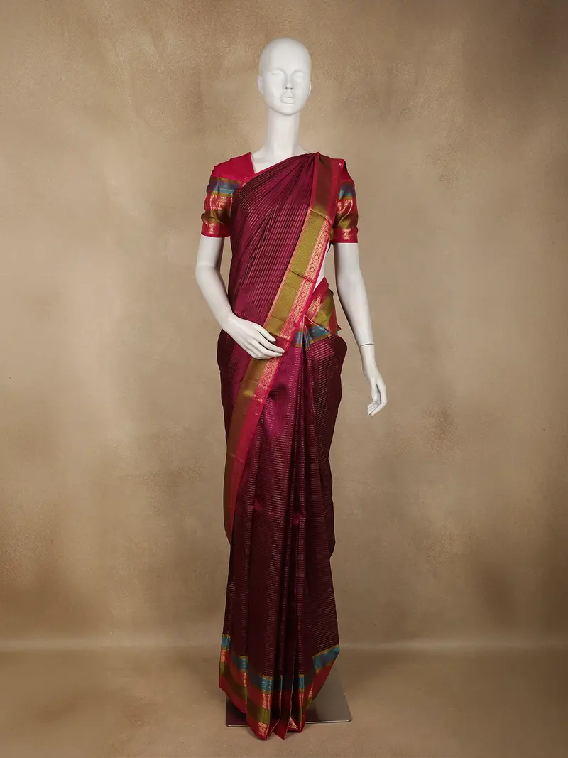 Wine Striped Woven Kanchipuram Silk Saree With Olive Gold Contrast Border 1