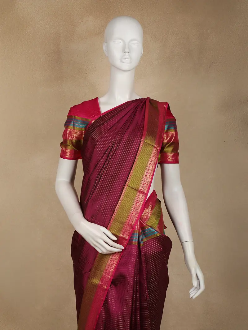 Wine Striped Woven Kanchipuram Silk Saree With Olive Gold Contrast Border 2