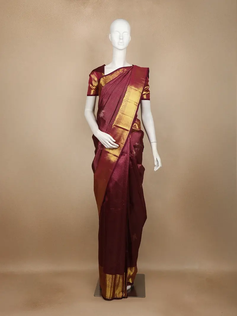 Wine Stripes Woven Pure Kanchipuram Silk Saree With Zari Border 1