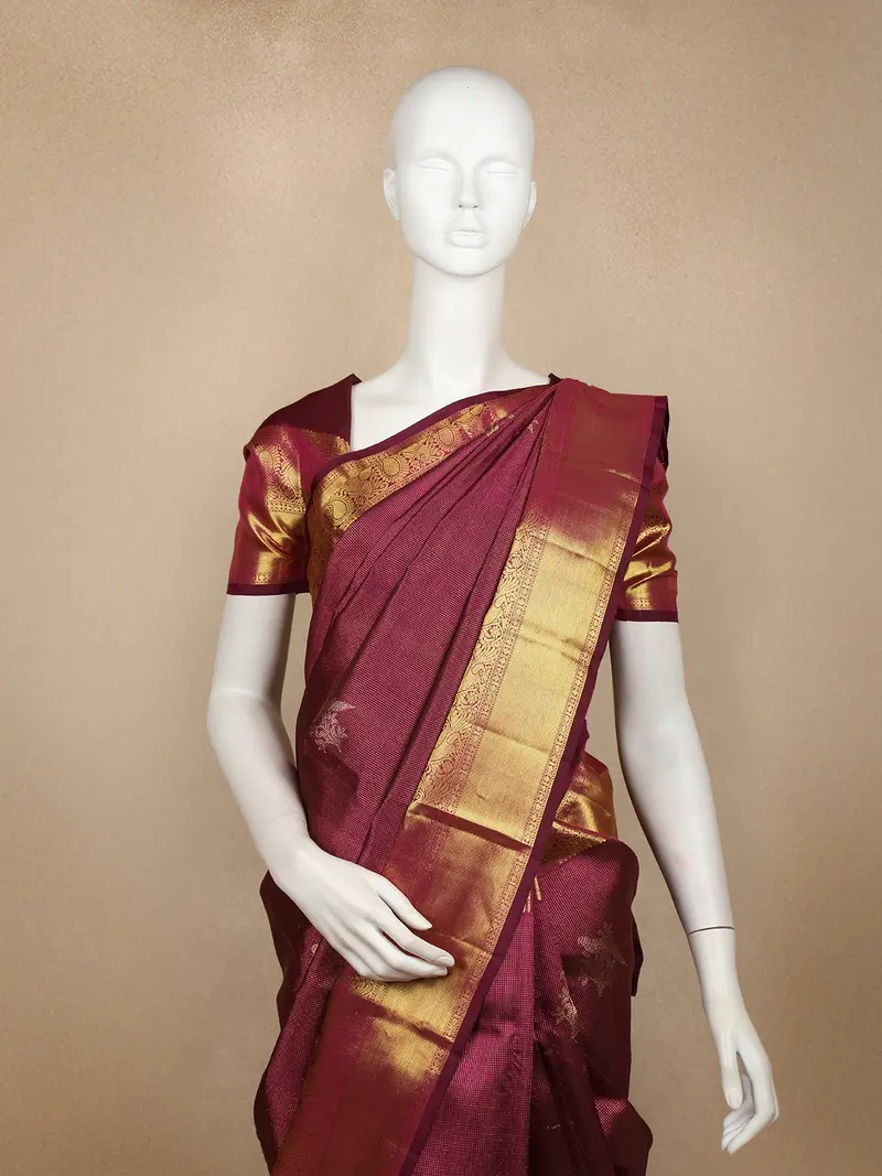 Wine Stripes Woven Pure Kanchipuram Silk Saree With Zari Border 2