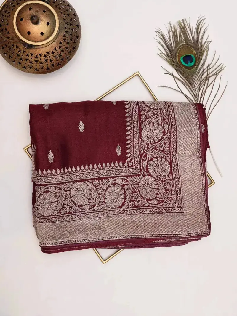 Wine Tussar Silk Saree With Flower Motif On The Body And Embroidery Border 1