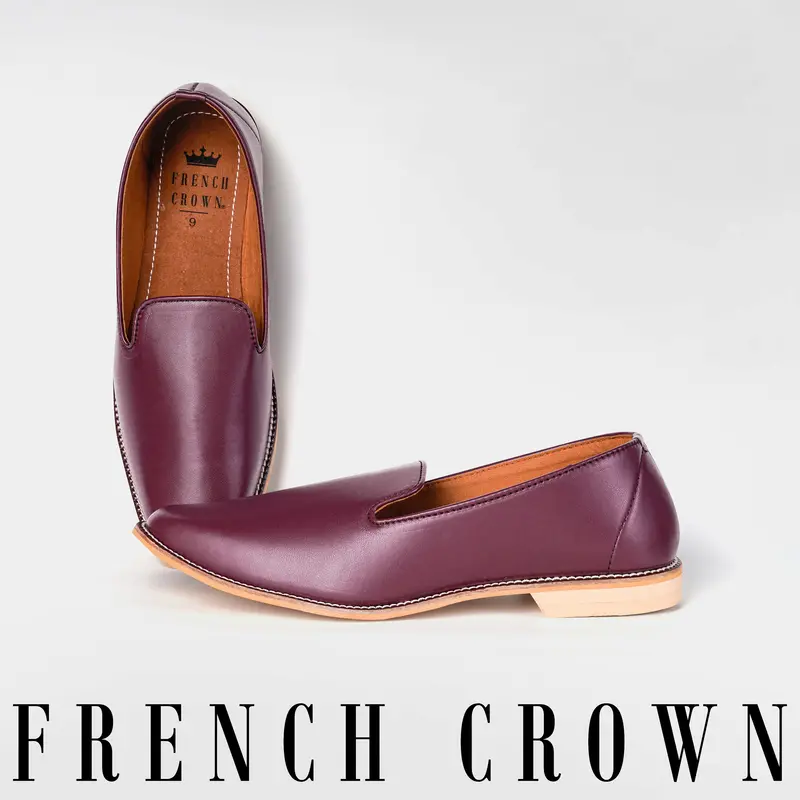 Wine Vegan Leather Hand Stitched Mojri Slip-On Shoes 1