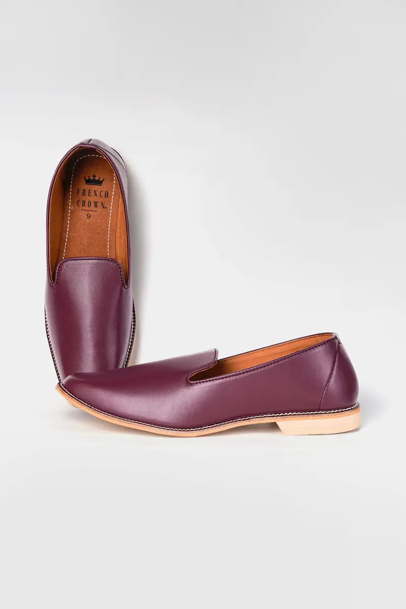 Wine Vegan Leather Hand Stitched Mojri Slip-On Shoes 2