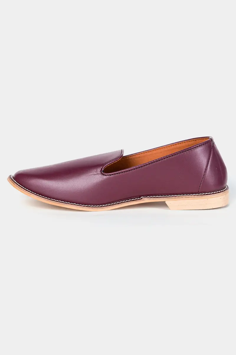 Wine Vegan Leather Hand Stitched Mojri Slip-On Shoes 3