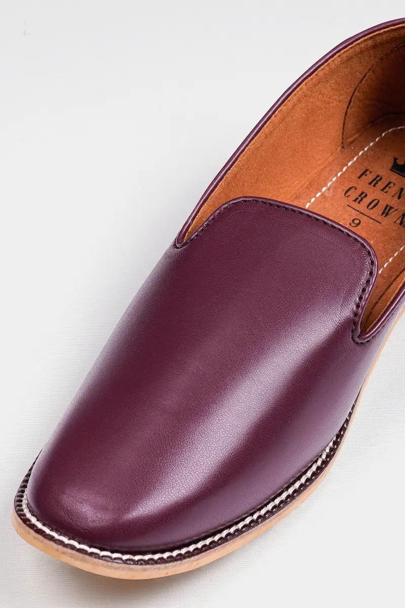 Wine Vegan Leather Hand Stitched Mojri Slip-On Shoes 4