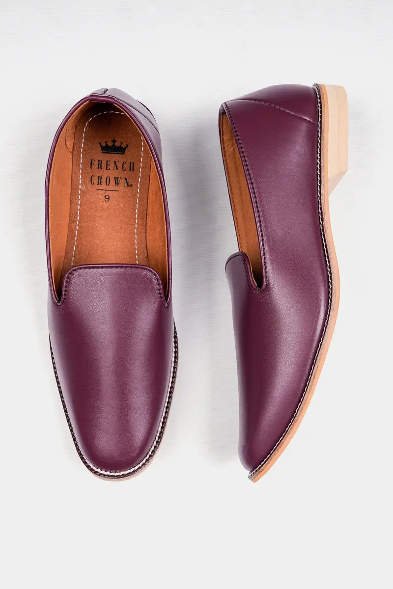 Wine Vegan Leather Hand Stitched Mojri Slip-On Shoes 5
