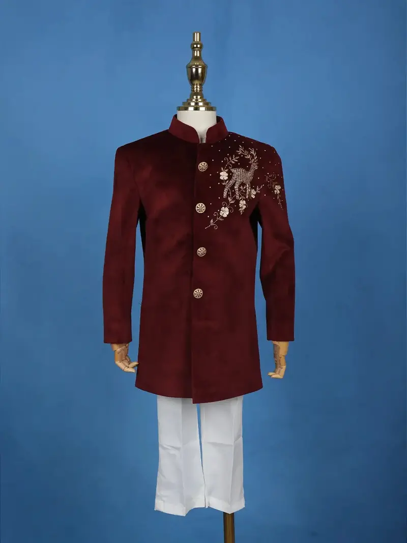 Wine Velvet Deer Design Bead Work Sherwani And Pant Set 1