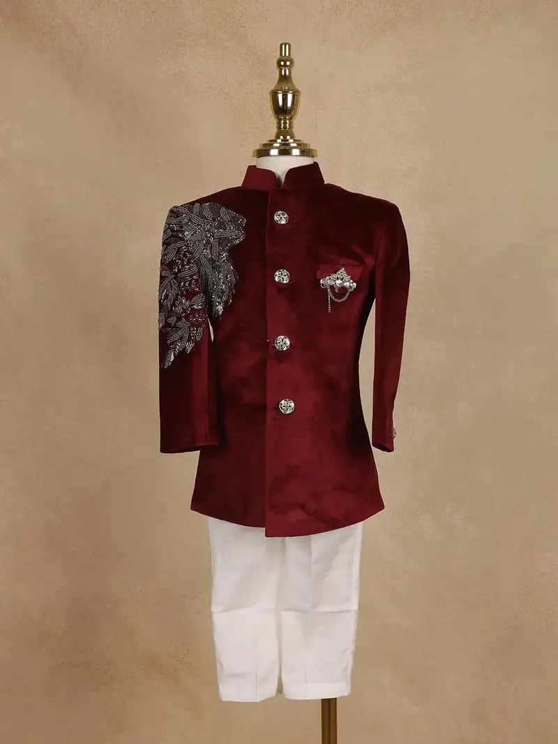 Wine Velvet Indo-Western Kids Sherwani With Beads Embellished Shoulder 1