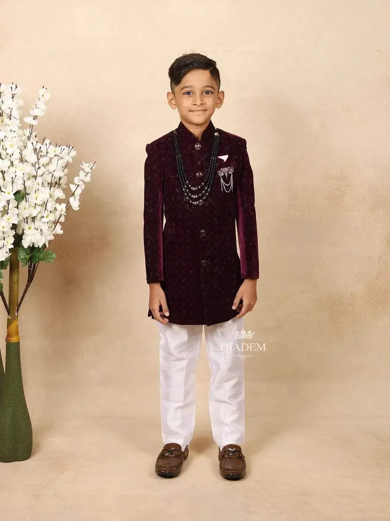 Wine Velvet Indo Western Sherwani With Attached  Brooch And Beaded Mala 1