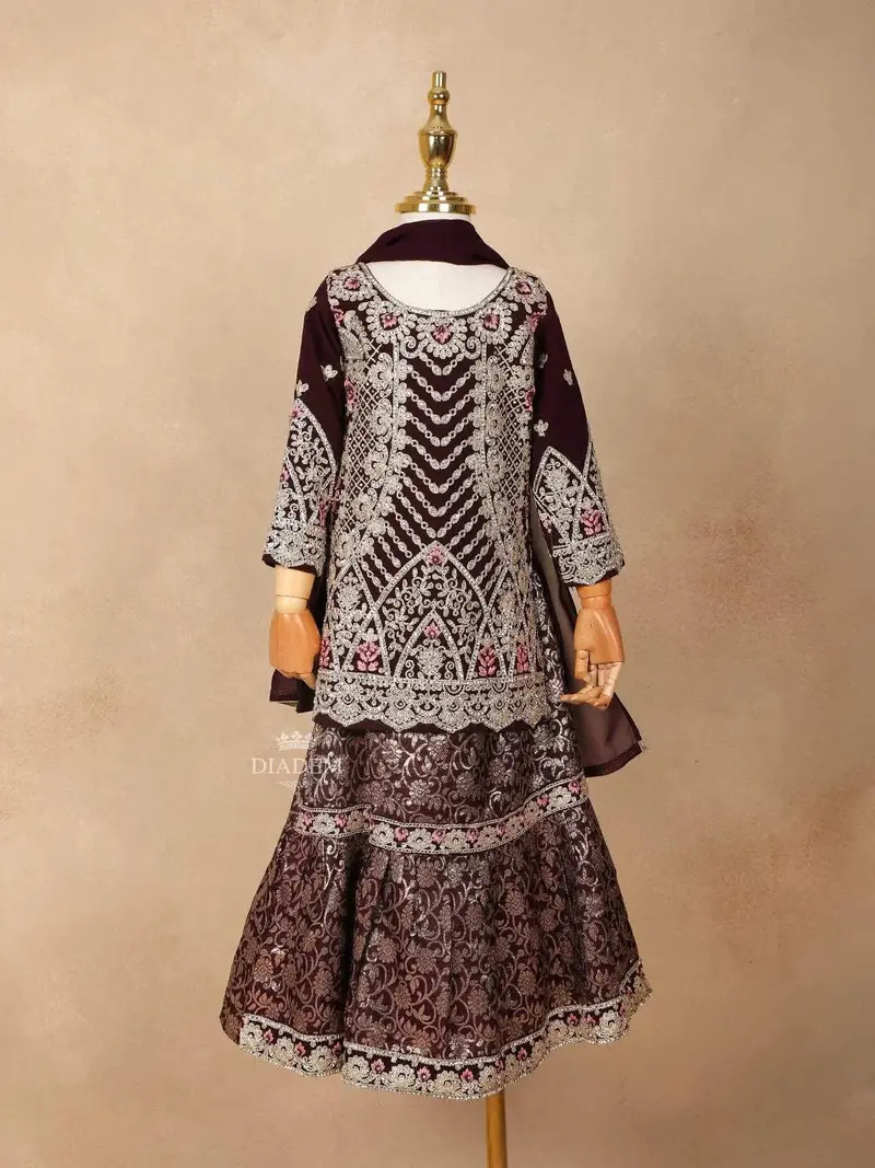 Wine Velvet Lehenga Embellished With Stones And Threadwork, Paired With Dupatta 1