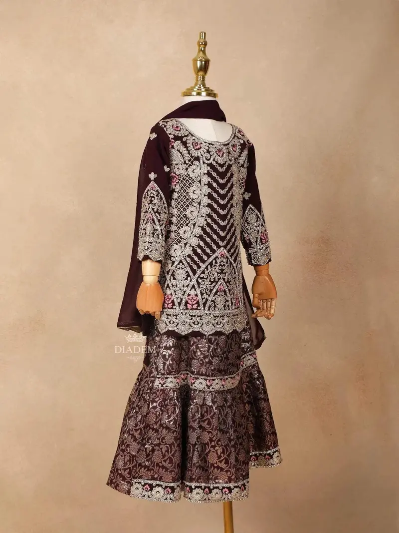 Wine Velvet Lehenga Embellished With Stones And Threadwork, Paired With Dupatta 2