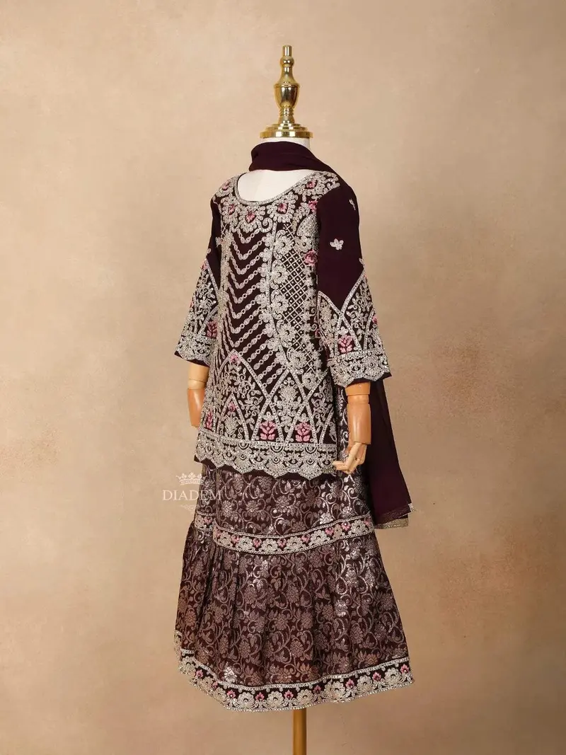 Wine Velvet Lehenga Embellished With Stones And Threadwork, Paired With Dupatta 3