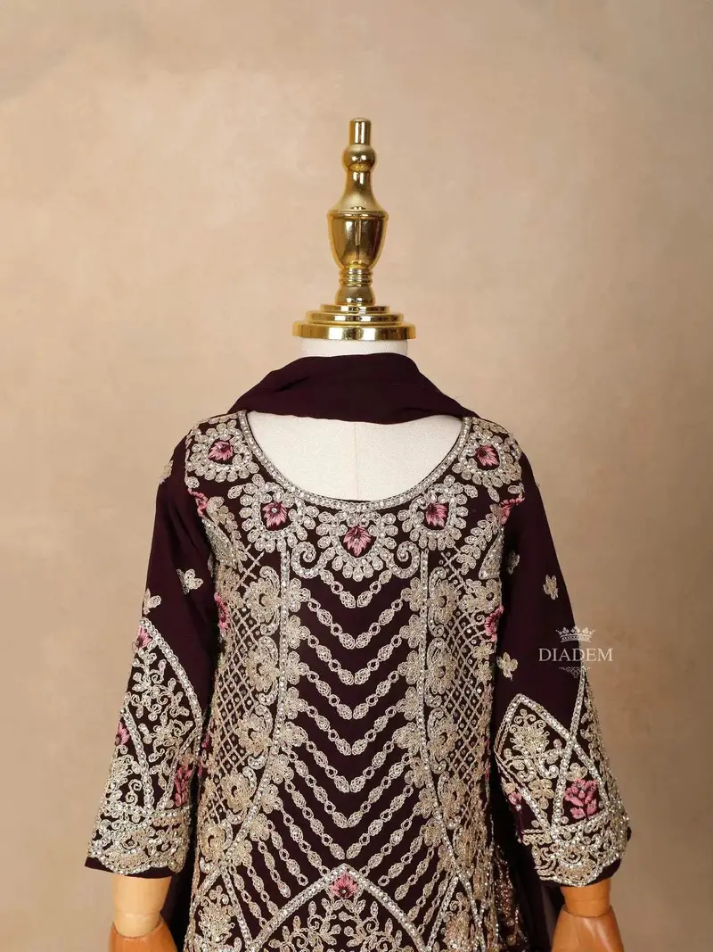 Wine Velvet Lehenga Embellished With Stones And Threadwork, Paired With Dupatta 4
