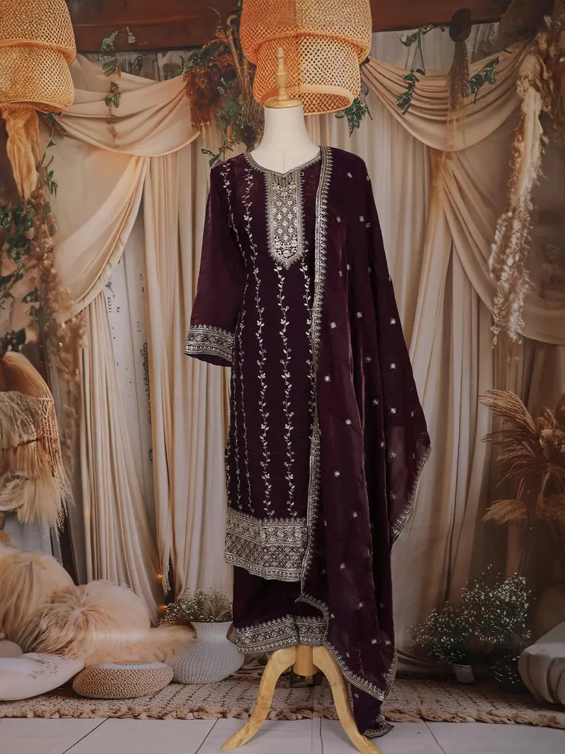 Wine Zari Embroidered Design Tissue Straight Cut Salwar Suit 1