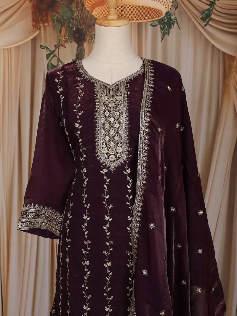 Wine Zari Embroidered Design Tissue Straight Cut Salwar Suit 2