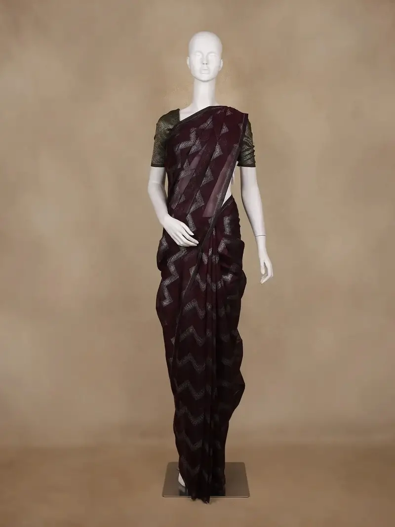 Wine Zigzag Woven Kota Cotton Saree 1