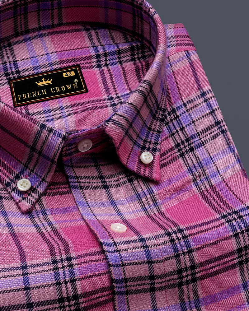 Wistavon-Mulberry Pink And Wisteria Purple Plaid Flannel Premium Cotton Casual Shirt 1