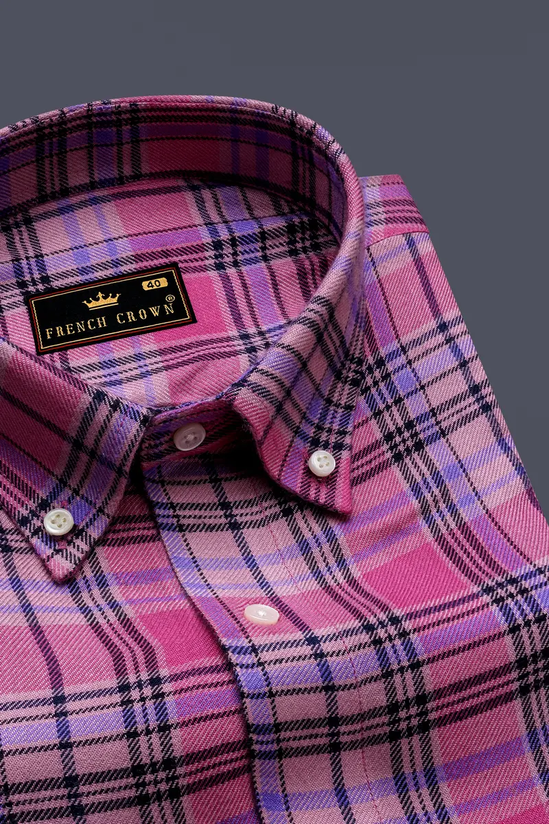 Wistavon-Mulberry Pink And Wisteria Purple Plaid Flannel Premium Cotton Casual Shirt 2