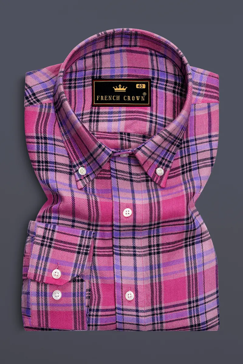 Wistavon-Mulberry Pink And Wisteria Purple Plaid Flannel Premium Cotton Casual Shirt 4