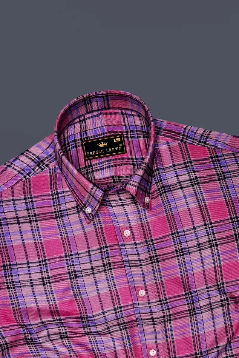 Wistavon-Mulberry Pink And Wisteria Purple Plaid Flannel Premium Cotton Casual Shirt 5
