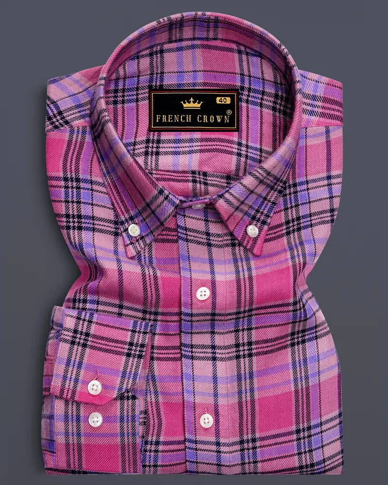 Wistavon-Mulberry Pink And Wisteria Purple Plaid Flannel Premium Cotton Casual Shirt 6