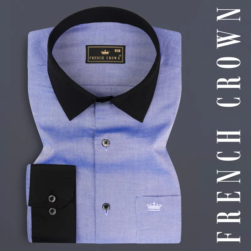 Wistful Blue Solid Premium Cotton Black Cuff Collar Shirt 1